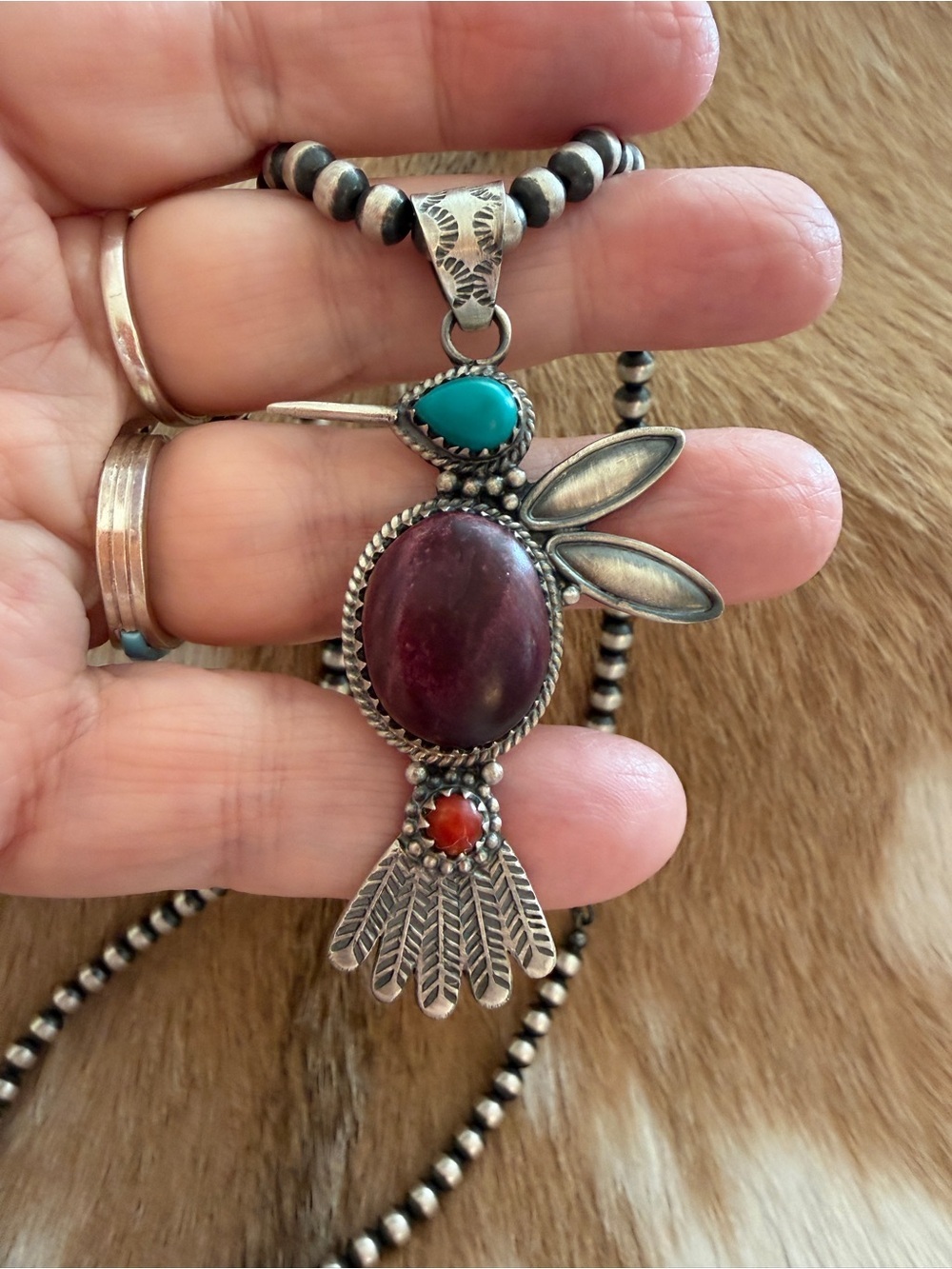 ❤️ Purple Spiny Oyster Hummingbird Pendant w/ Turquoise & Red Coral Sterling 925